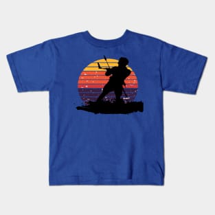 Kitesurfing Enthusiast Riding A Wave Silhouette Retro Sunset Kids T-Shirt